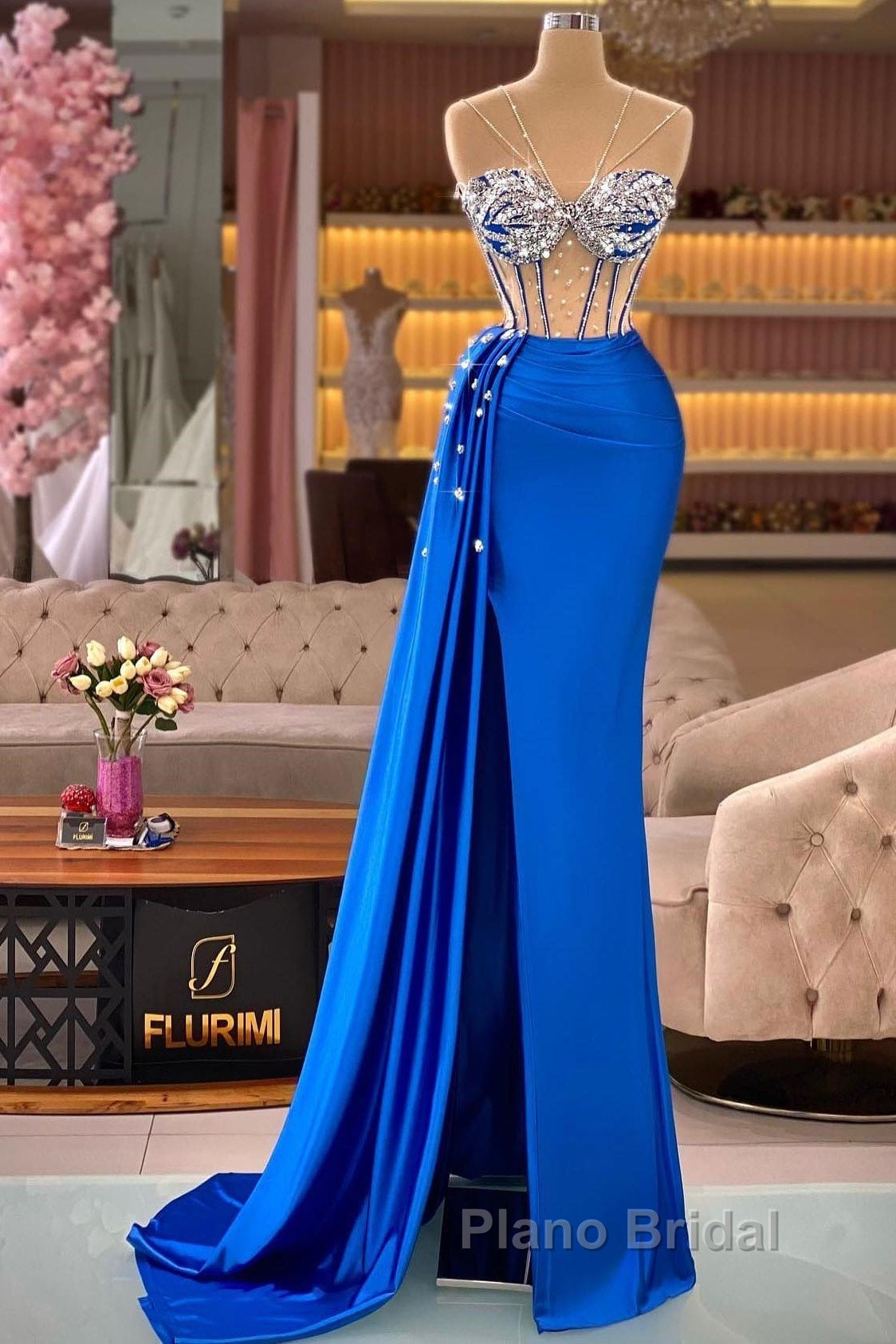 Royal Blue Mermaid Beading See Through Formal Prom Dresses