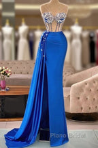 Royal Blue Mermaid Beading See Through Formal Prom Dresses
