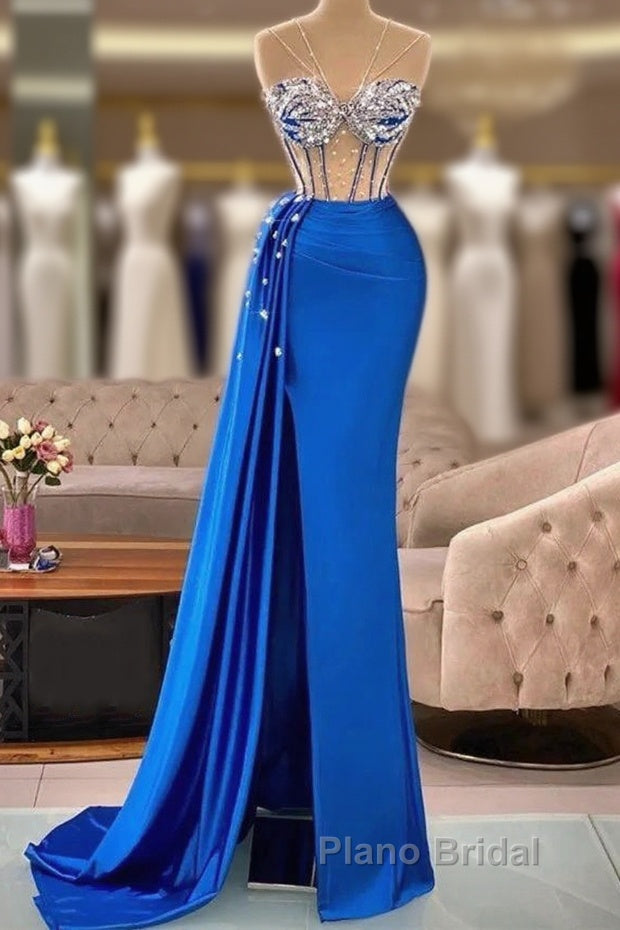 Royal Blue Mermaid Beading See Through Formal Prom Dresses
