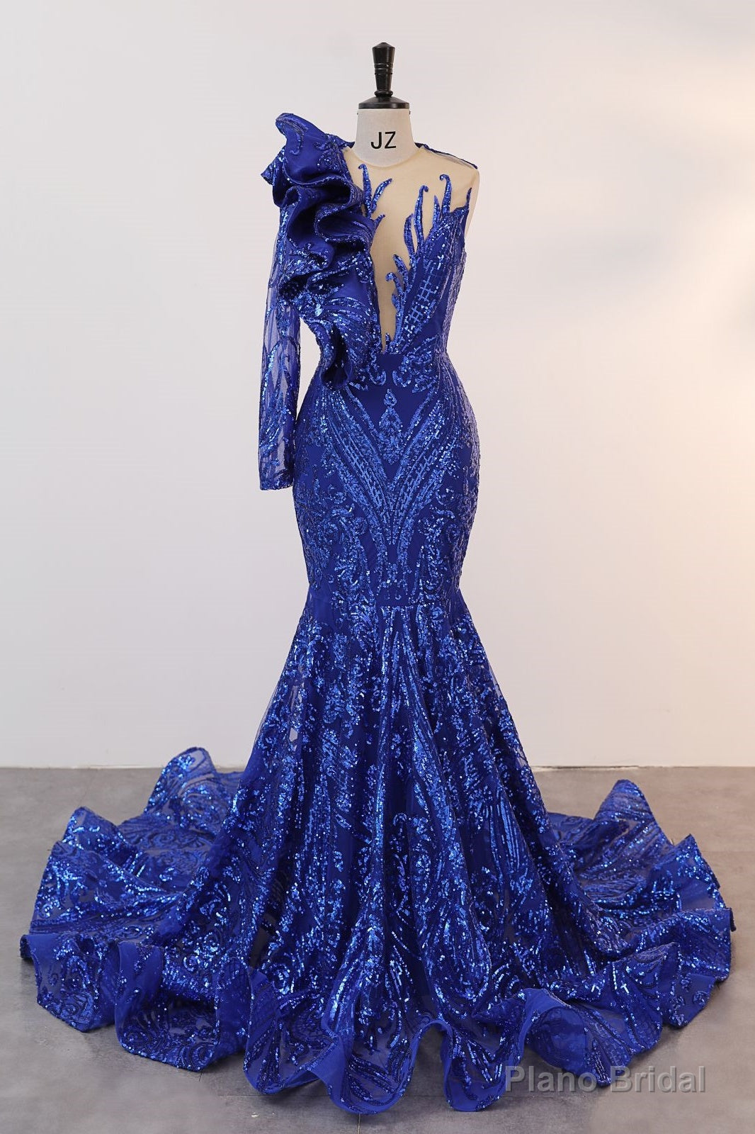 Royal Blue Mermaid One Sleeve Prom Dresses Sequined Lace Jewel Ruffles Evening Party Dress with Appliques Main image