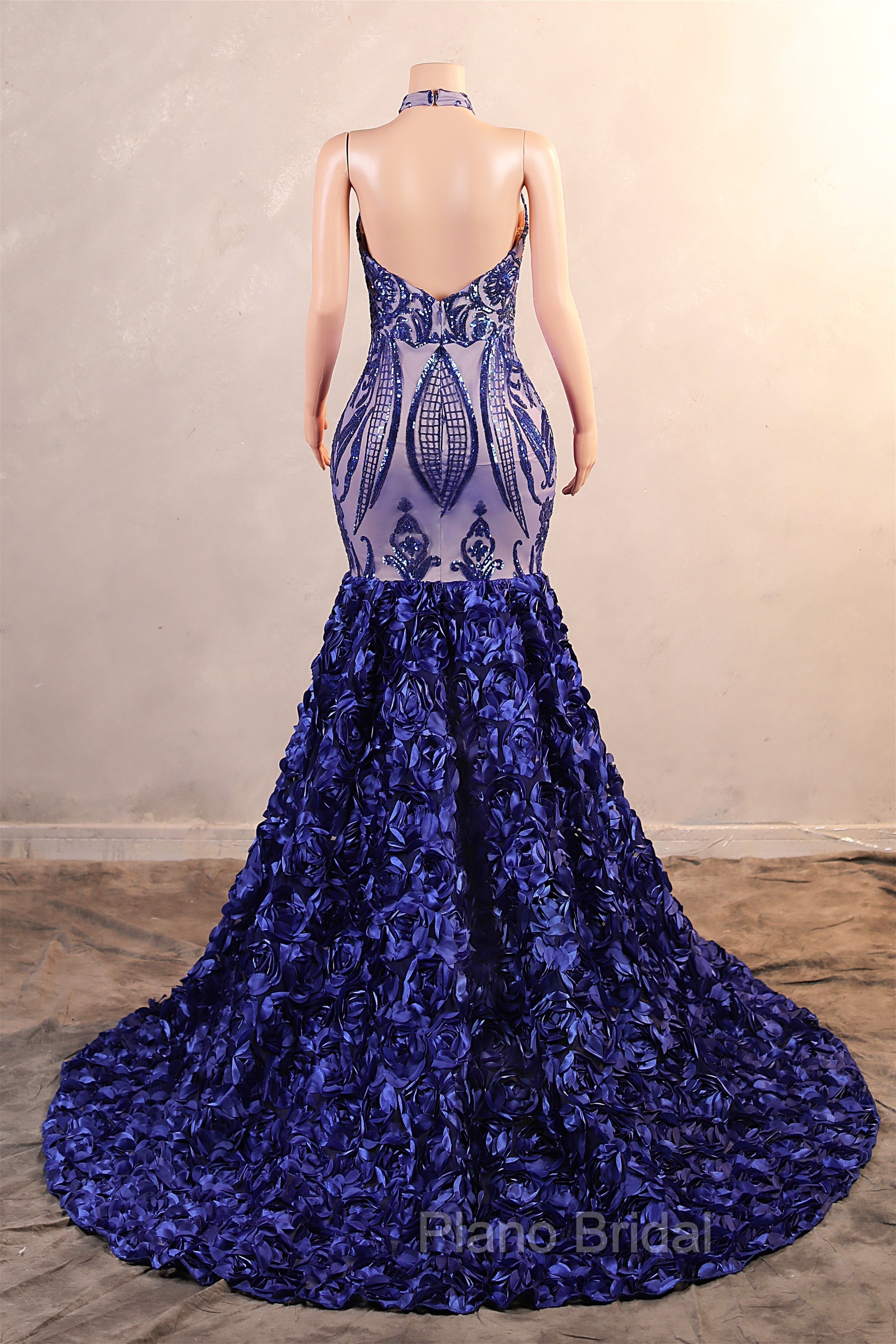 Royal Blue Mermaid Formal Prom Dresses Sequined Lace Flowers Halter Neck Backless Long Gowns
