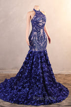 Royal Blue Mermaid Formal Prom Dresses Sequined Lace Flowers Halter Neck Backless Long Gowns