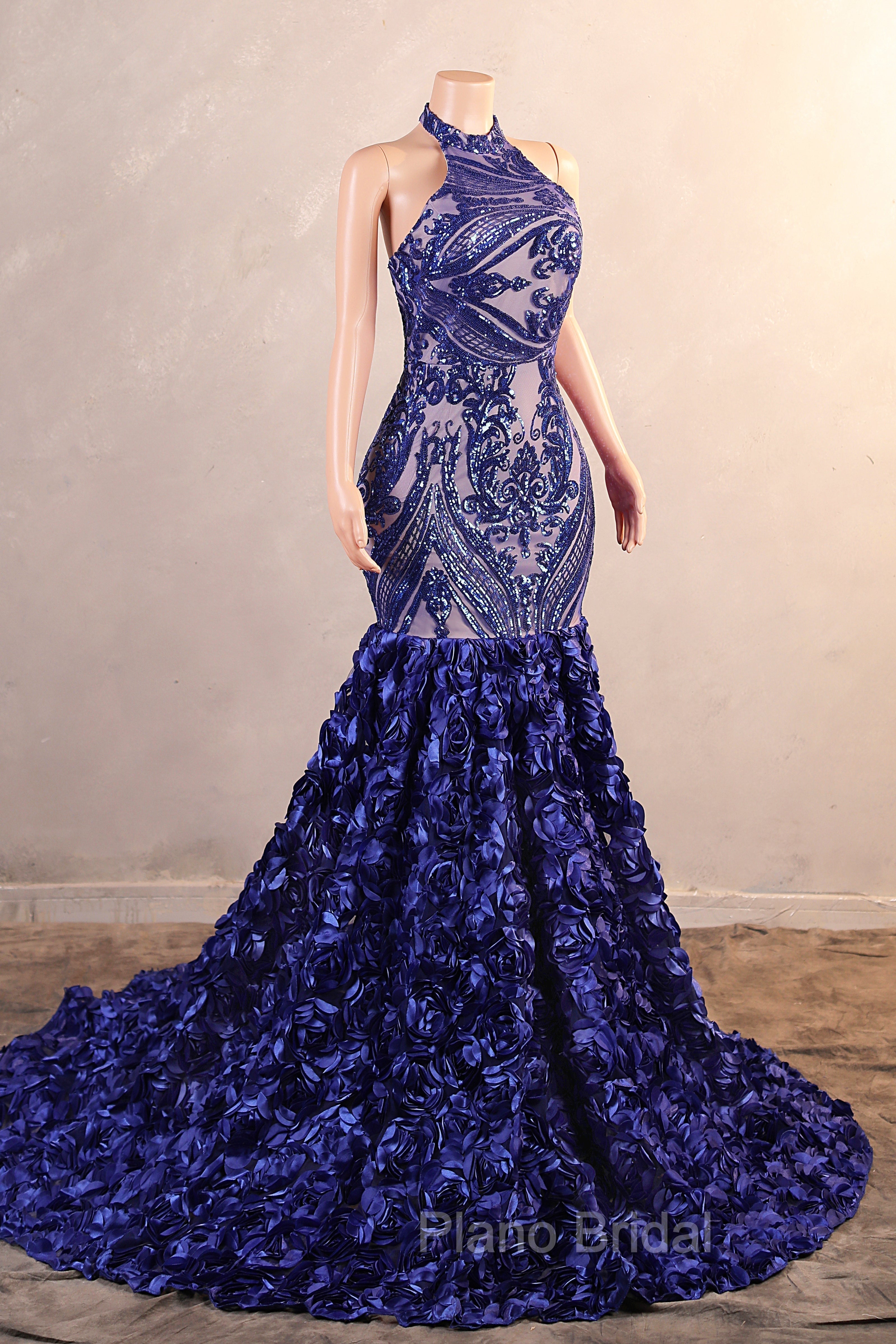 Royal Blue Mermaid Formal Prom Dresses Sequined Lace Flowers Halter Neck Backless Long Gowns