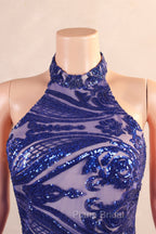 Royal Blue Mermaid Formal Prom Dresses Sequined Lace Flowers Halter Neck Backless Long Gowns