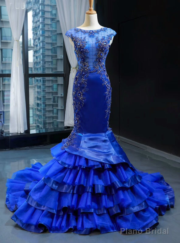 Royal Blue Mermaid Satin Tulle Backless Beading Prom Dress Main image