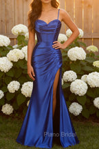 Royal Blue Mermaid Spaghetti Straps Long Prom Dress With Slit