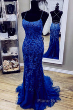 Royal Blue Mermaid Straps Tulle And Lace Party Dresses, Royal Blue Formal Prom Dresses