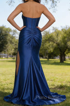 Royal Blue Mermaid Sweetheart Corset Long Prom Dress with Slit