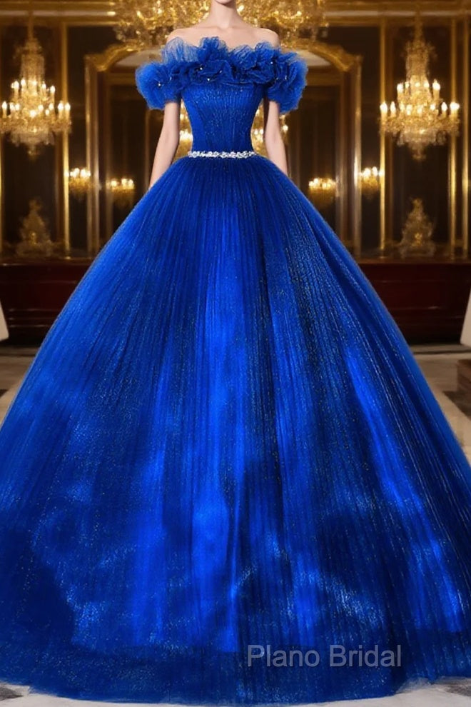Royal Blue Off Shoulder Beaded Ball Gown Dresses, Royal Blue Sweet 16 Dresses Main image