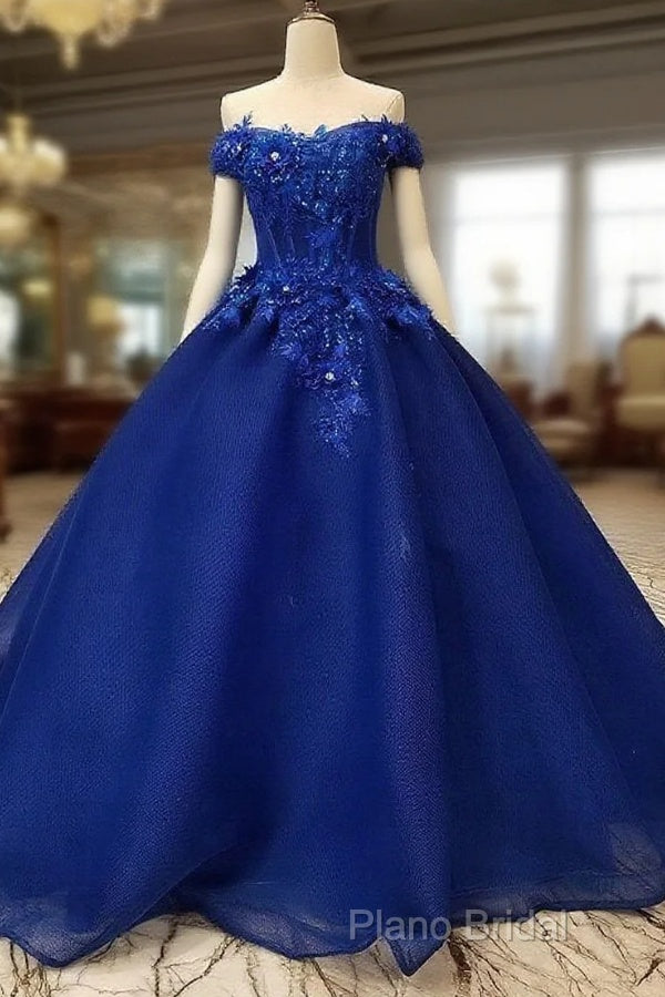Royal Blue Off-The-Shoulder Formal Dresses, Appliques Formal Prom Dresses