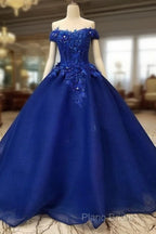 Royal Blue Off-The-Shoulder Formal Dresses, Appliques Formal Prom Dresses
