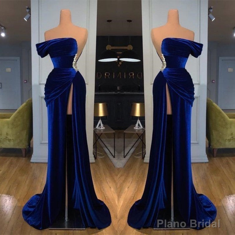 Royal Blue Off-the-shoulder Long Prom Evening Dress with Split