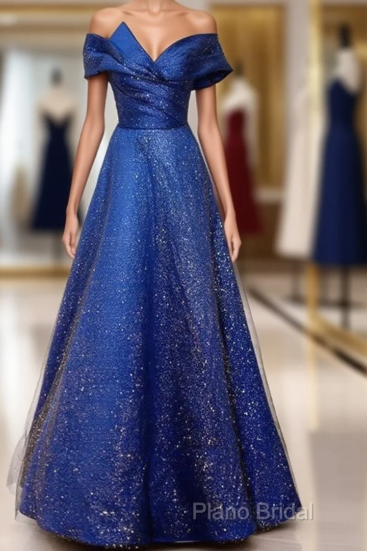 Royal Blue Off The Shoulder V-Neck Long Formal Prom Dresses Formal Dresses,