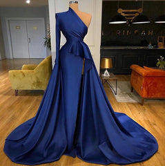 Royal Blue One Shoulder Long Sleeves Slit Prom Dress Overskirt