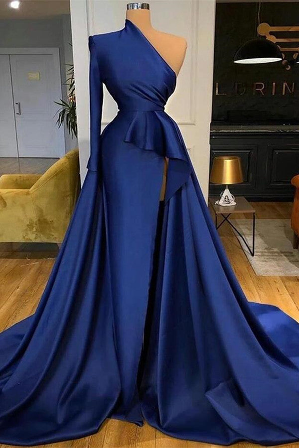 Royal Blue One Shoulder Long Sleeves Slit Prom Dress Overskirt Main image