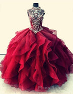 Royal Blue Organza High Neck Quinceanera Dresses Burgundy Formal Prom Dresses