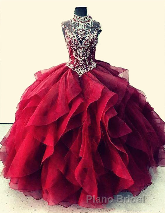 Royal Blue Organza High Neck Quinceanera Dresses Burgundy Formal Prom Dresses