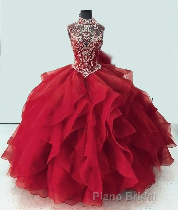 Royal Blue Organza High Neck Quinceanera Dresses Burgundy Formal Prom Dresses