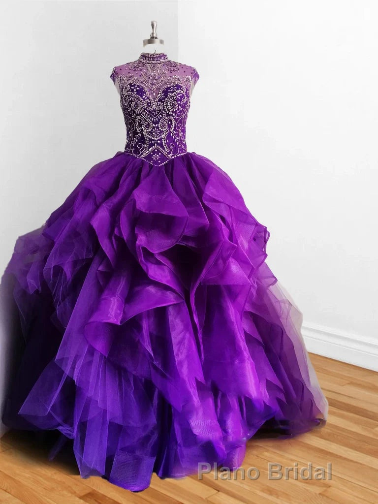 Royal Blue Organza High Neck Quinceanera Dresses Burgundy Formal Prom Dresses