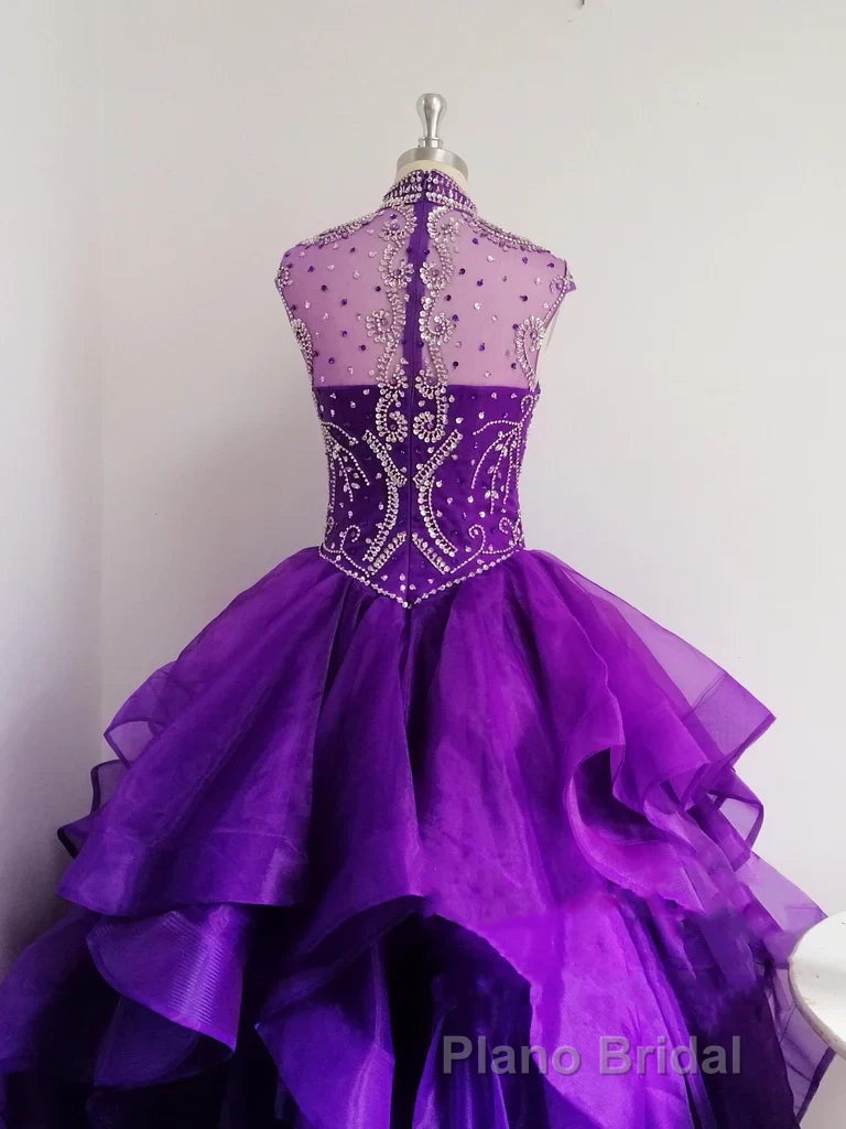 Royal Blue Organza High Neck Quinceanera Dresses Burgundy Formal Prom Dresses