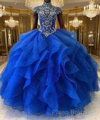 Royal Blue Organza High Neck Quinceanera Dresses Burgundy Formal Prom Dresses