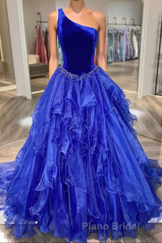 Royal Blue Formal Prom Dress A Line One Shoulder Long Party Evening Dress with Beading Main image