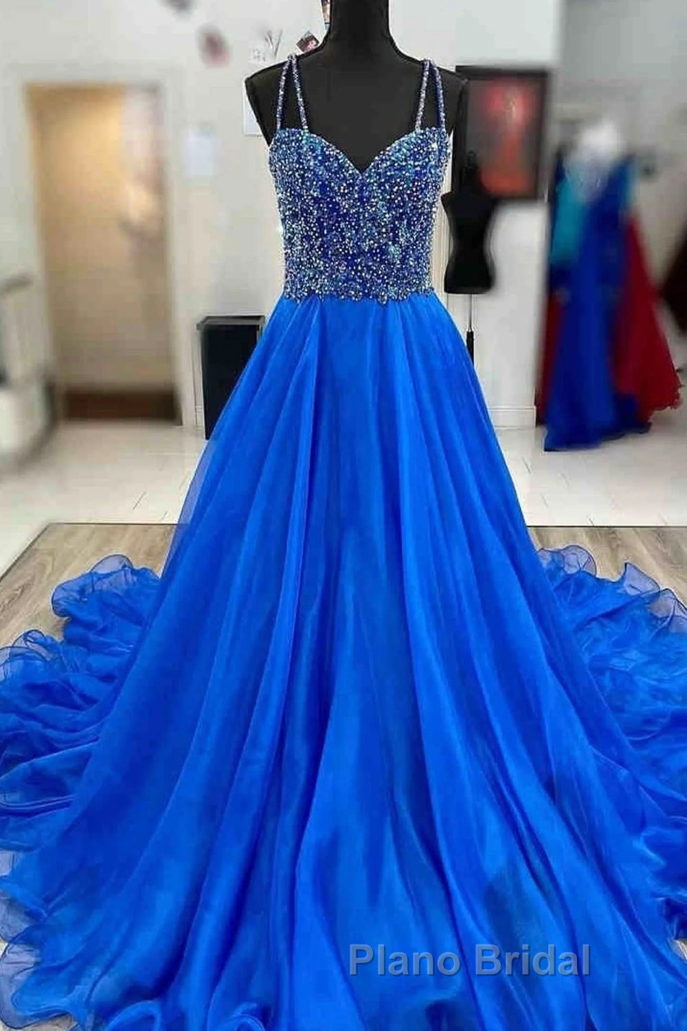 Royal Blue Formal Prom Dress A Line Spaghetti Straps Long Party Evening Dress with Beading Secondary image