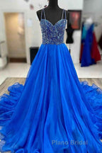 Royal Blue Formal Prom Dress A Line Spaghetti Straps Long Party Evening Dress with Beading