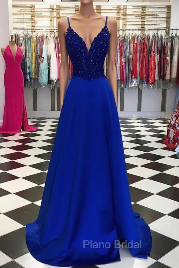 Royal Blue Formal Prom Dresses, A-line V Neck Regular Straps Long/Floor-Length Satin Formal Prom Dresses With Appliqued Beading Main image