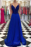 Royal Blue Formal Prom Dresses, A-line V Neck Regular Straps Long/Floor-Length Satin Formal Prom Dresses With Appliqued Beading