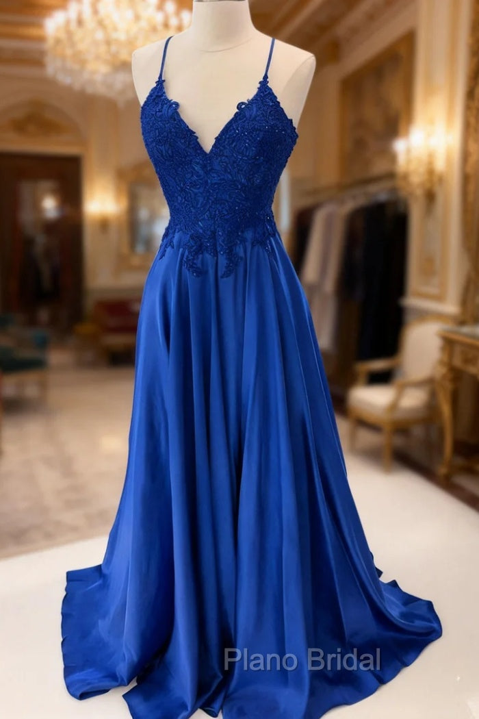 Royal Blue Formal Prom Dresses, A-line V Neck Sleeveless Long/Floor-Length Charmeuse Formal Prom Dresses With Appliqued Beading Lace Main image