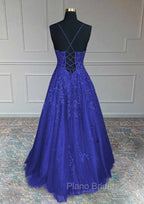 Royal Blue Formal Prom Dresses, A-line V Neck Spaghetti Straps Long/Floor-Length Tulle Formal Prom Dresses With Appliqued Beading Glitter
