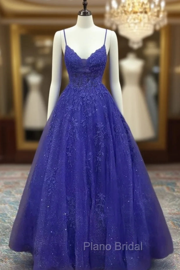 Royal Blue Formal Prom Dresses, A-line V Neck Spaghetti Straps Long/Floor-Length Tulle Formal Prom Dresses With Appliqued Beading Glitter Main image