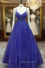 Royal Blue Formal Prom Dresses, A-line V Neck Spaghetti Straps Long/Floor-Length Tulle Formal Prom Dresses With Appliqued Beading Glitter