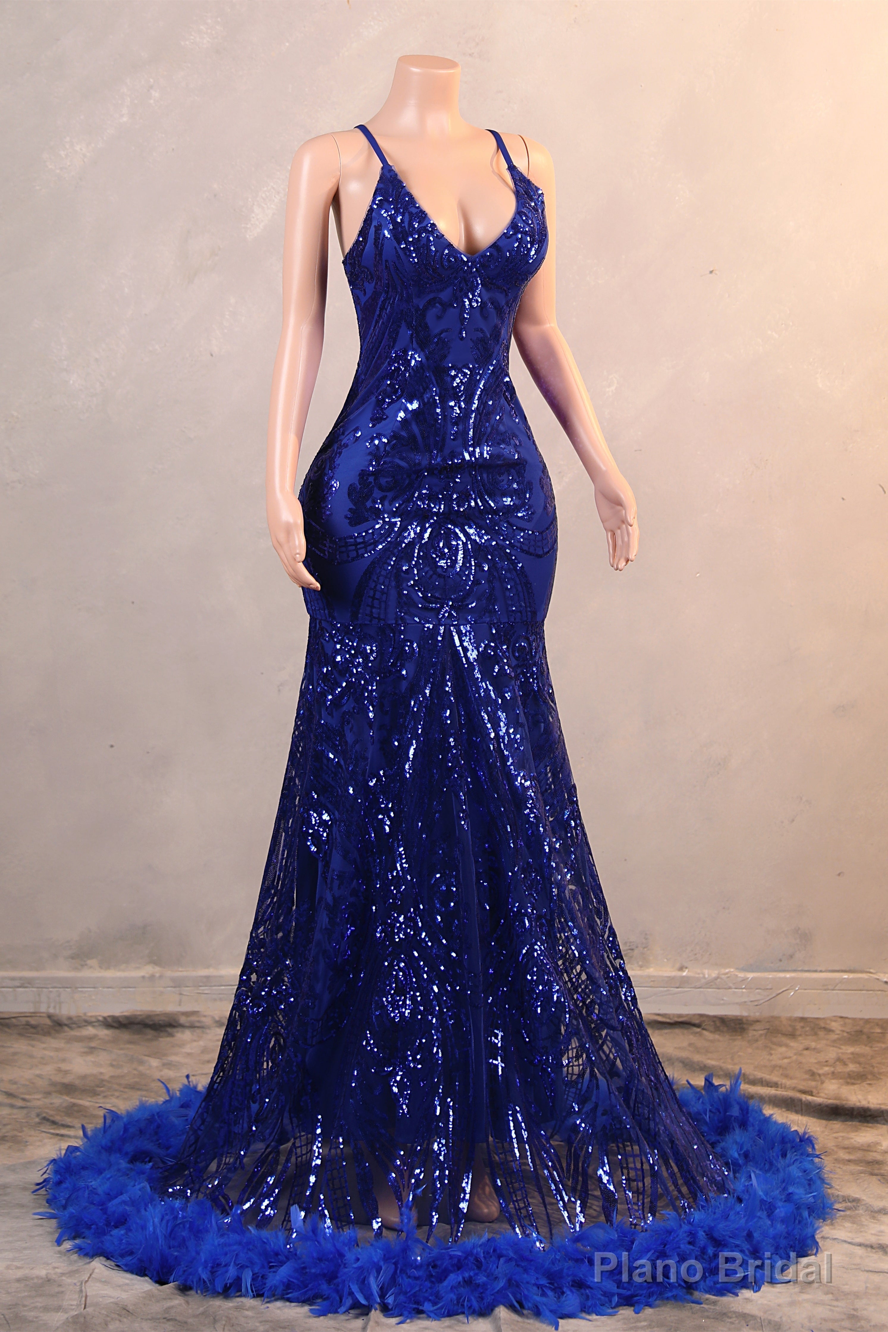 Royal Blue Prom Dresses Sequin Mermaid Long Evening Dresses Floor Length Sleeveless Spaghetti Strap with Feather Secondary image