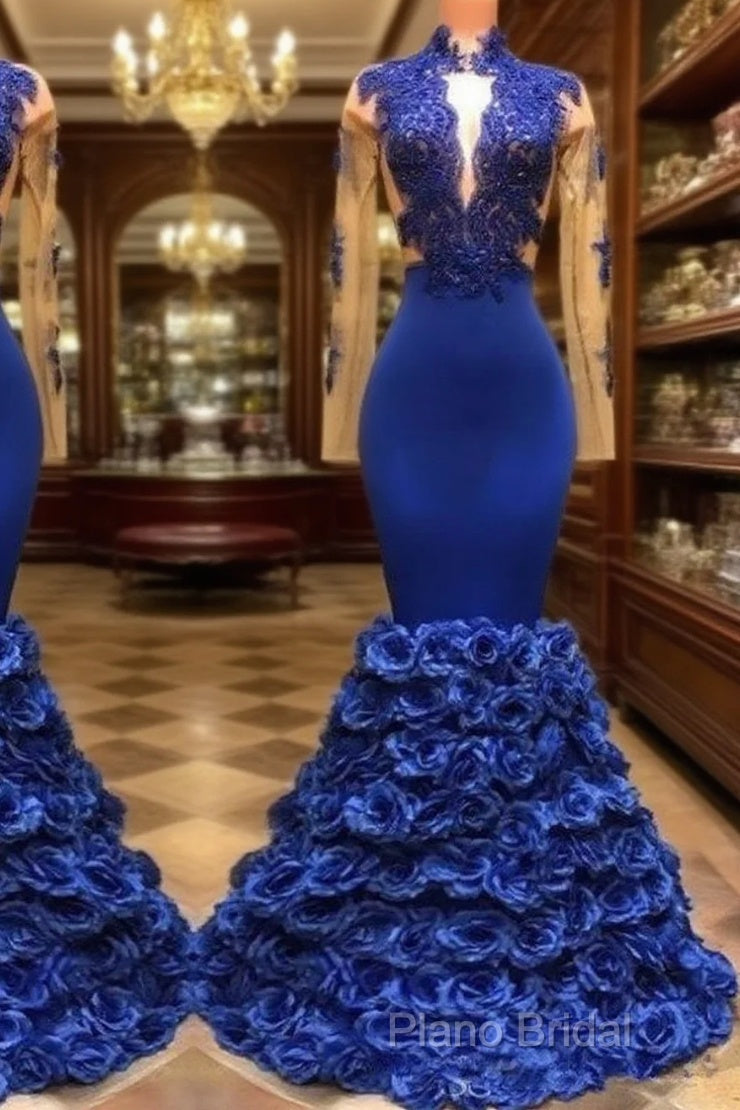 Royal Blue Robe De Soiree Mermaid Long Sleeves Flowers Lace Beaded Sexy Long Party Formal Prom Dresses Formal Prom Gown Formal Dresses