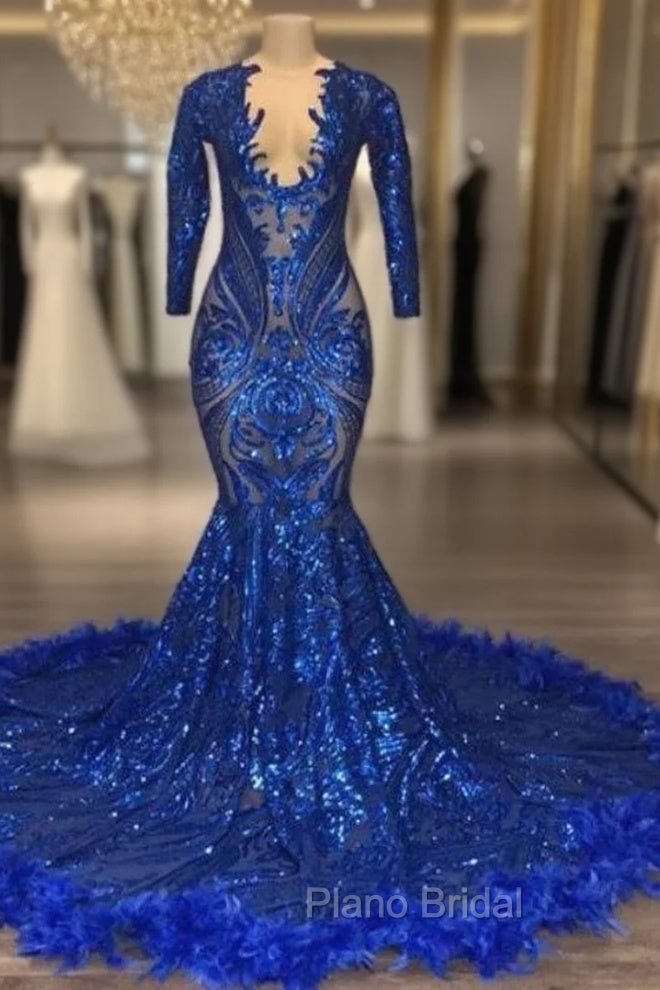Royal Blue Robe De Soiree Mermaid V-Neck Long Sleeves Appliques Feather Long Formal Prom Dresses Formal Prom Gown Evening Dresses