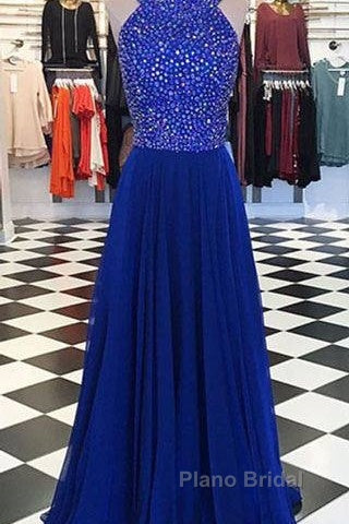 Royal Blue Round Neck Long Formal Prom Dresses, Blue Evening Dresses