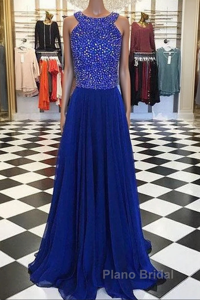 Royal Blue Round Neck Long Formal Prom Dresses, Blue Evening Dresses Main image