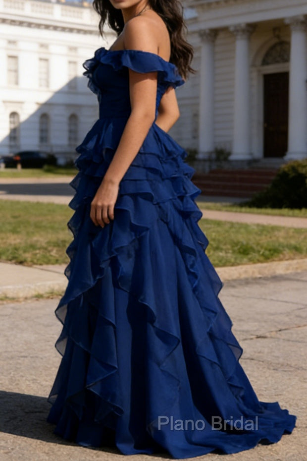 Royal Blue Ruffled A-Line Square Neck Long Prom Dress
