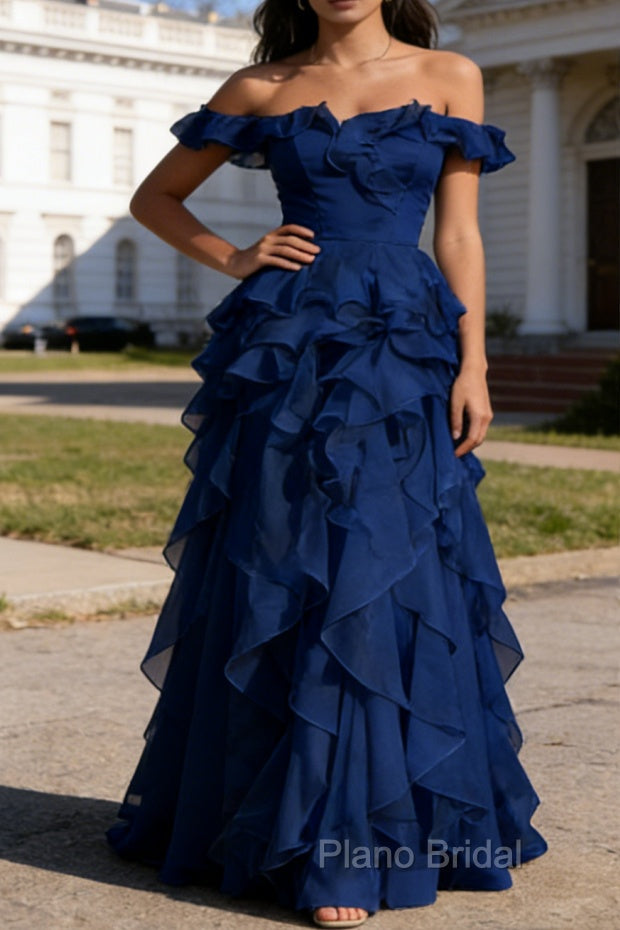 Royal Blue Ruffled A-Line Square Neck Long Prom Dress Main image