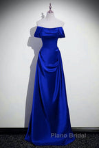 Royal Blue Satin A-Line Simple Long Party Dresses, Royal Blue Satin Floor Length Formal Prom Dresses