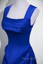 Royal Blue Satin A-Line Simple Long Party Dresses, Royal Blue Satin Floor Length Formal Prom Dresses