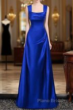 Royal Blue Satin A-Line Simple Long Party Dresses, Royal Blue Satin Floor Length Formal Prom Dresses