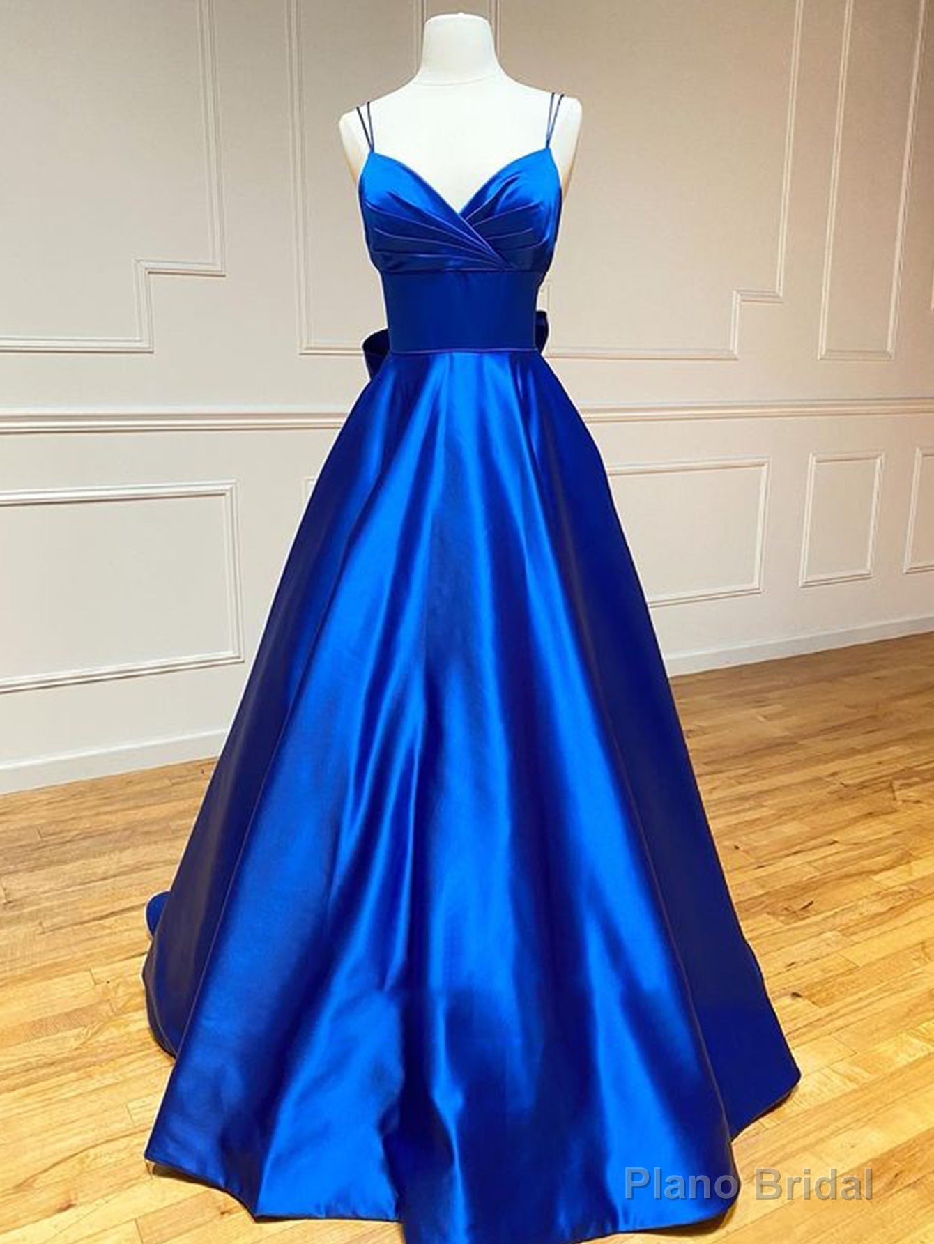 Royal Blue Satin A Line V Neck Long Prom Dress With Bow Tie Main image