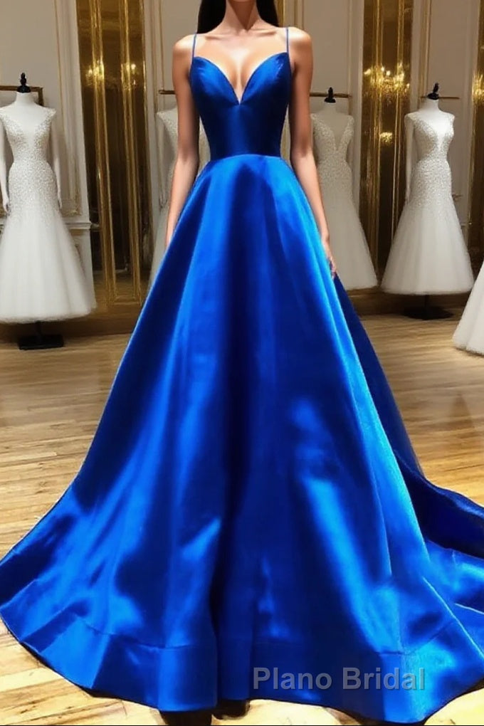 Royal Blue Satin A Line V Neck Long Formal Prom Dresses