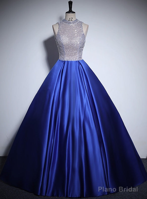 Royal Blue Satin Backless Sequins Prom Dress Main image