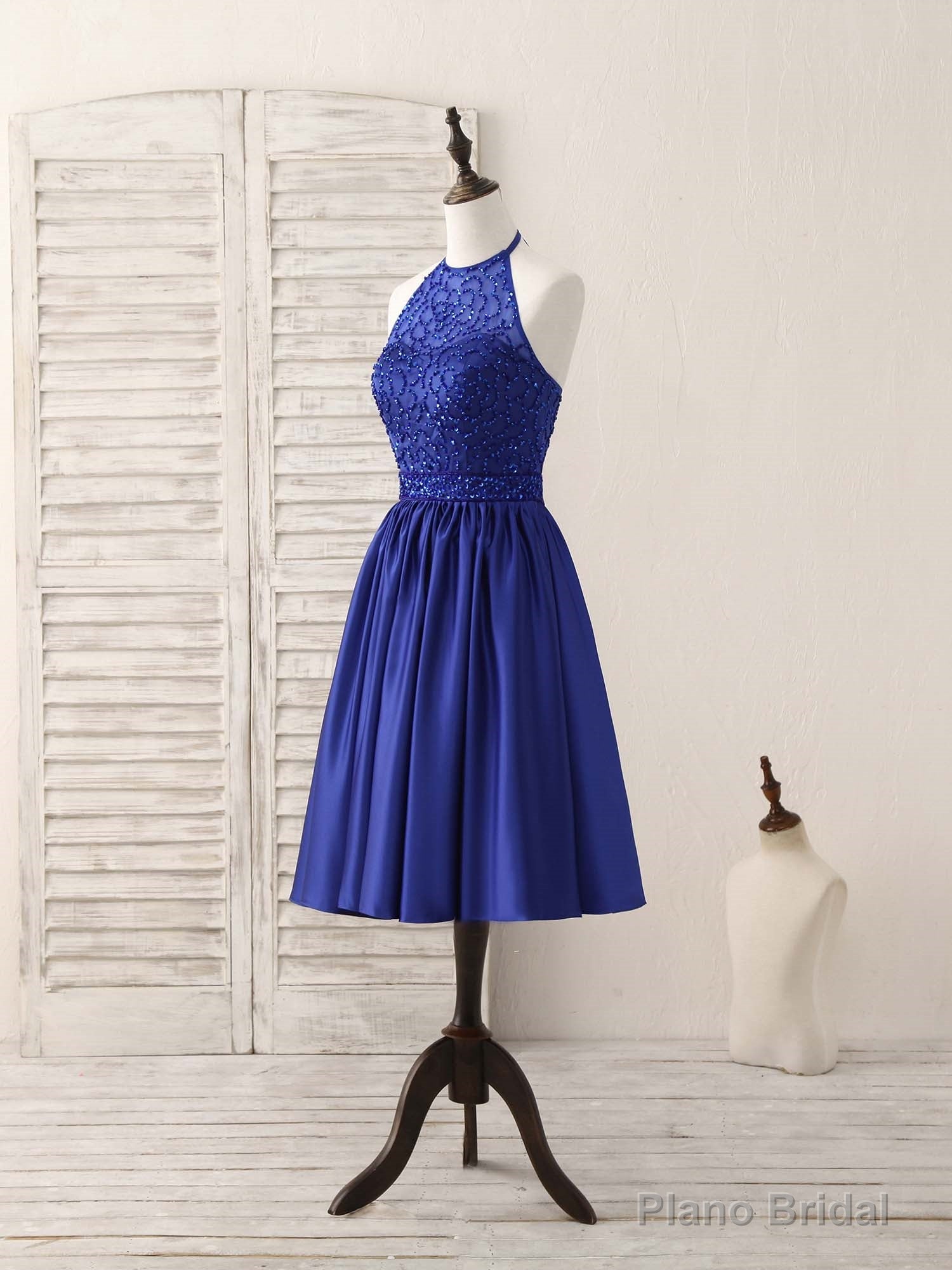 Royal Blue Satin Beads Short Prom Dress Blue Homecoming Dress Secondary image