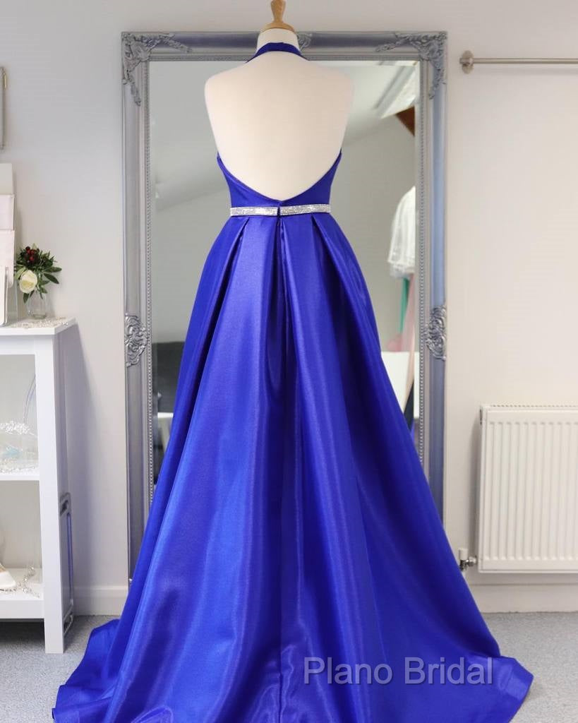 Royal Blue Satin Deep V Neck Simple Long Formal Prom Dresses Backless Party Dresses