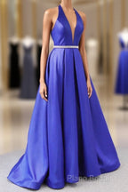 Royal Blue Satin Deep V Neck Simple Long Formal Prom Dresses Backless Party Dresses